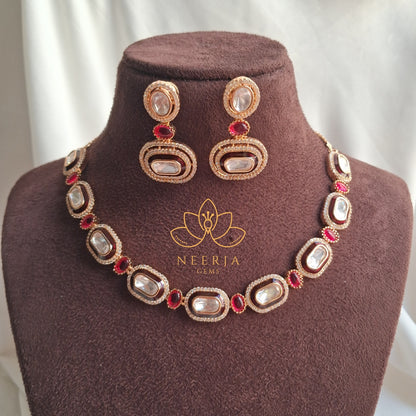 Classic Red & White Kundan Polki Necklace Set