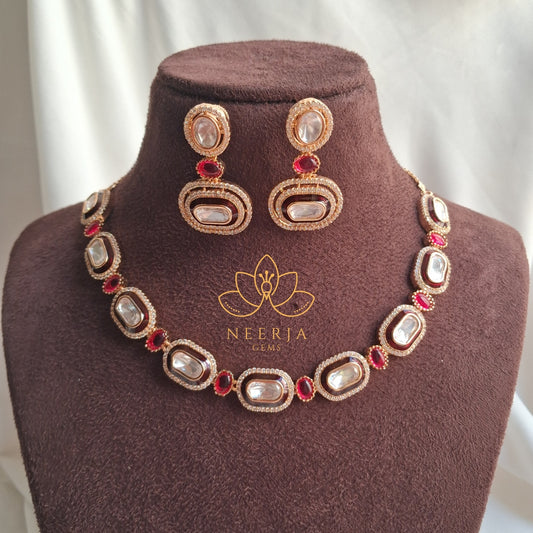 Classic Red & White Kundan Polki Necklace Set