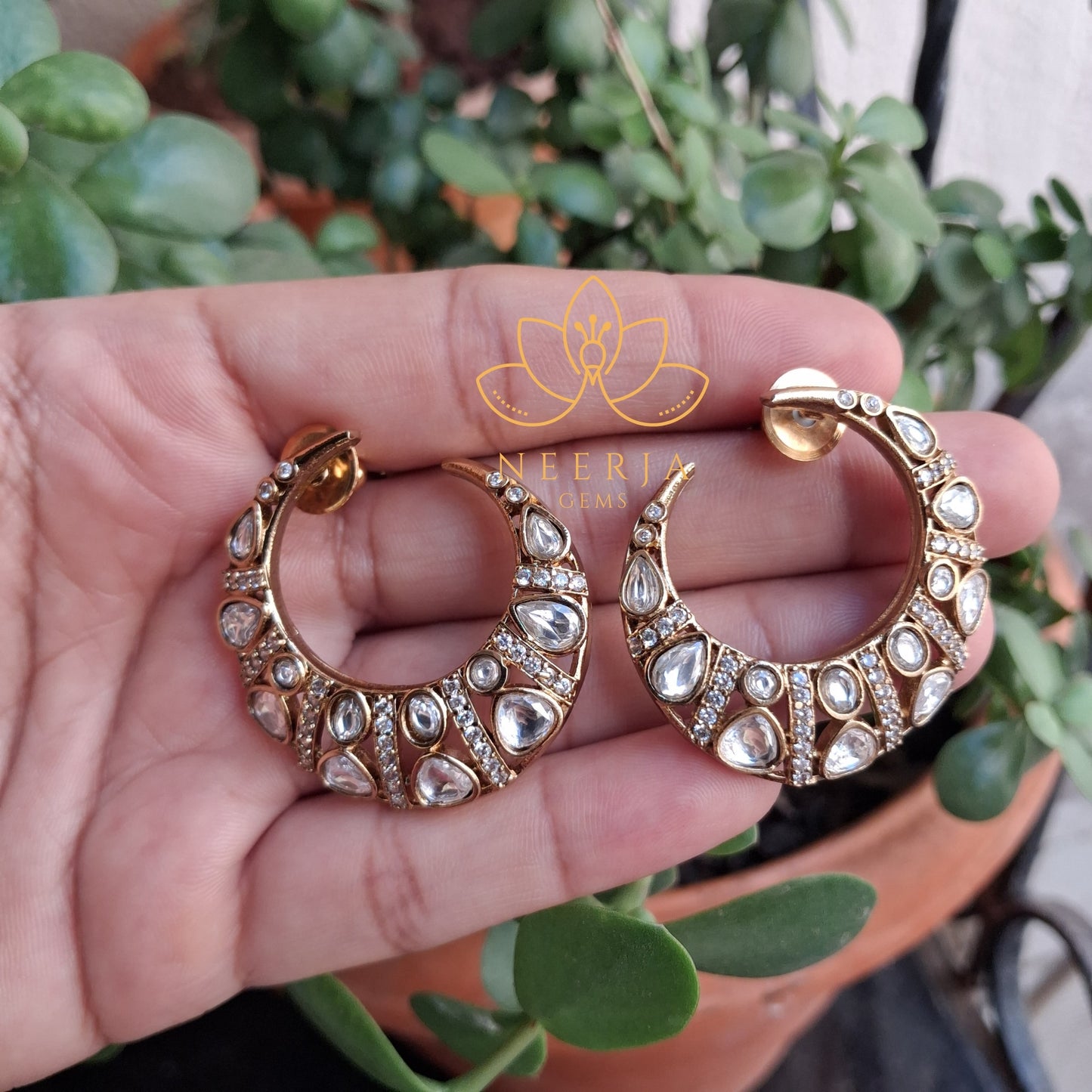 Crescent Moon Polki Hoop Earrings