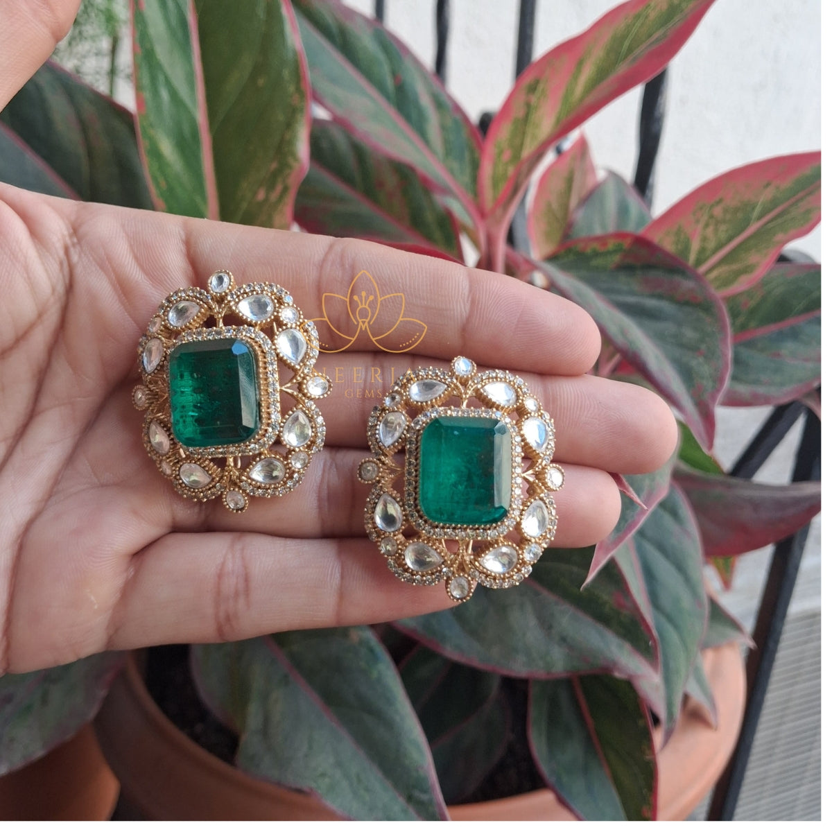 Emerald Enchantment Kundan Studs