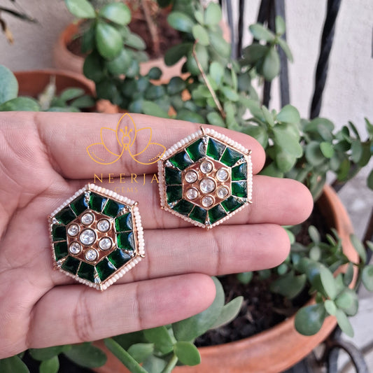 Green Kundan Hexagon Earrings