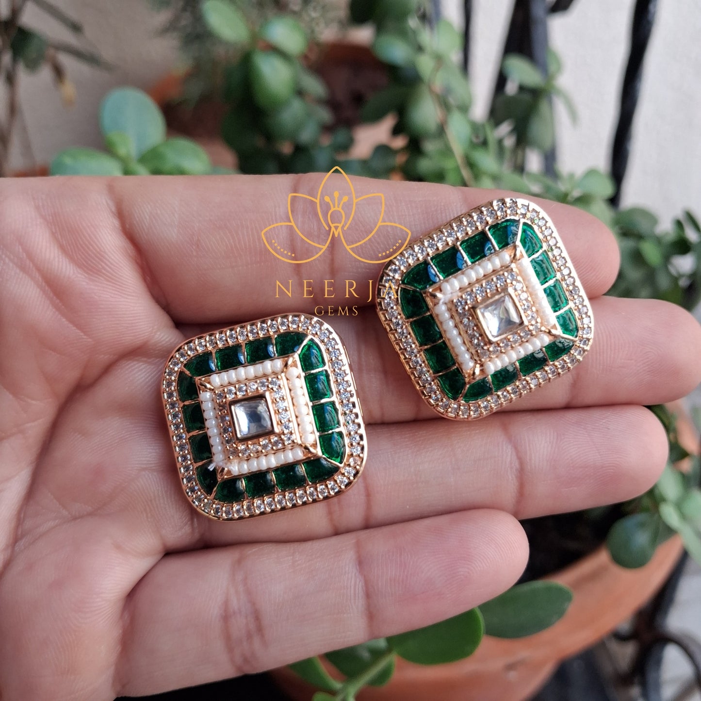 Square Polki Meenakari Earrings