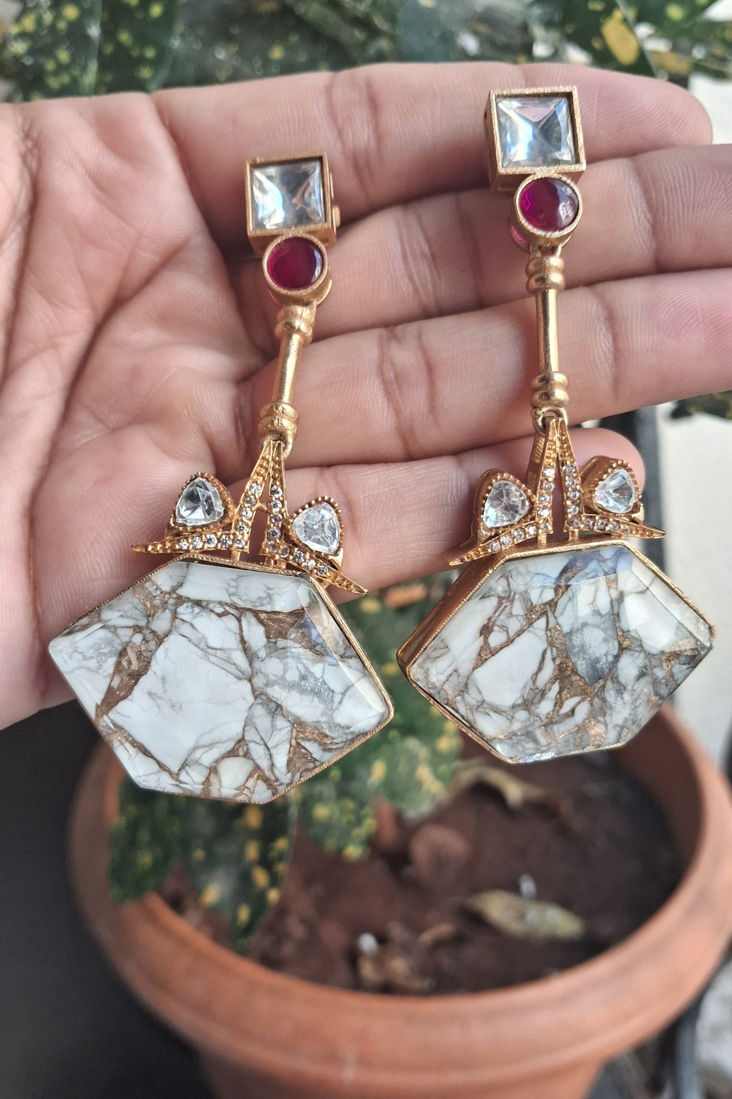 White Marble Kundan Earrings