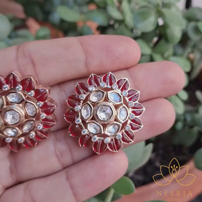 Red Meenakari Floral Kundan Earrings