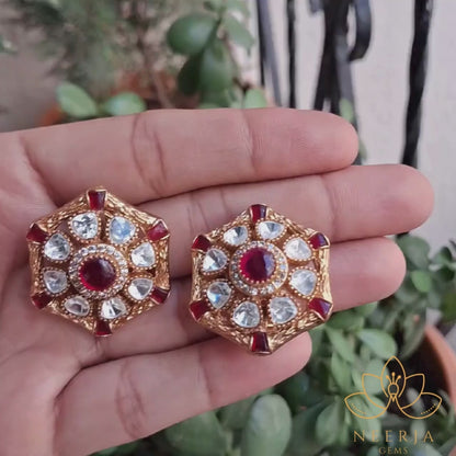 Vintage Red Kundan Floral Earrings