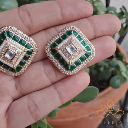 Square Polki Meenakari Earrings