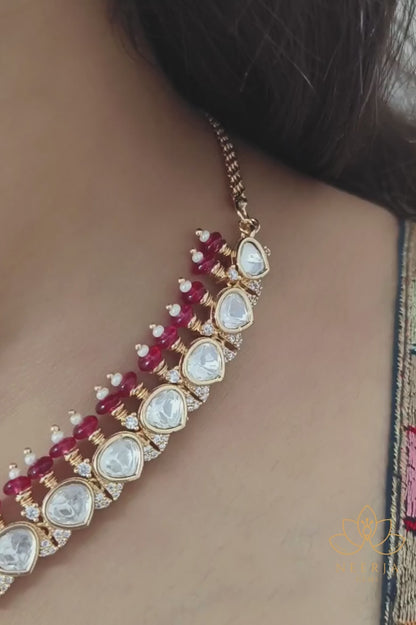 Elegant Ruby & Pearl Bridal Kundan Necklace Set