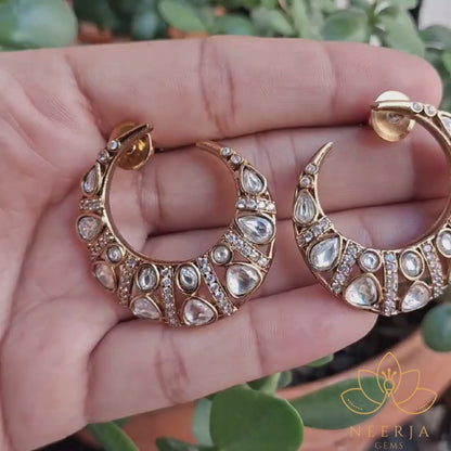 Crescent Moon Polki Hoop Earrings